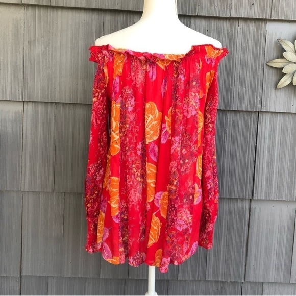 Free People fuscia floral off the shoulder long sleeve tunic - Picture 4 of 13